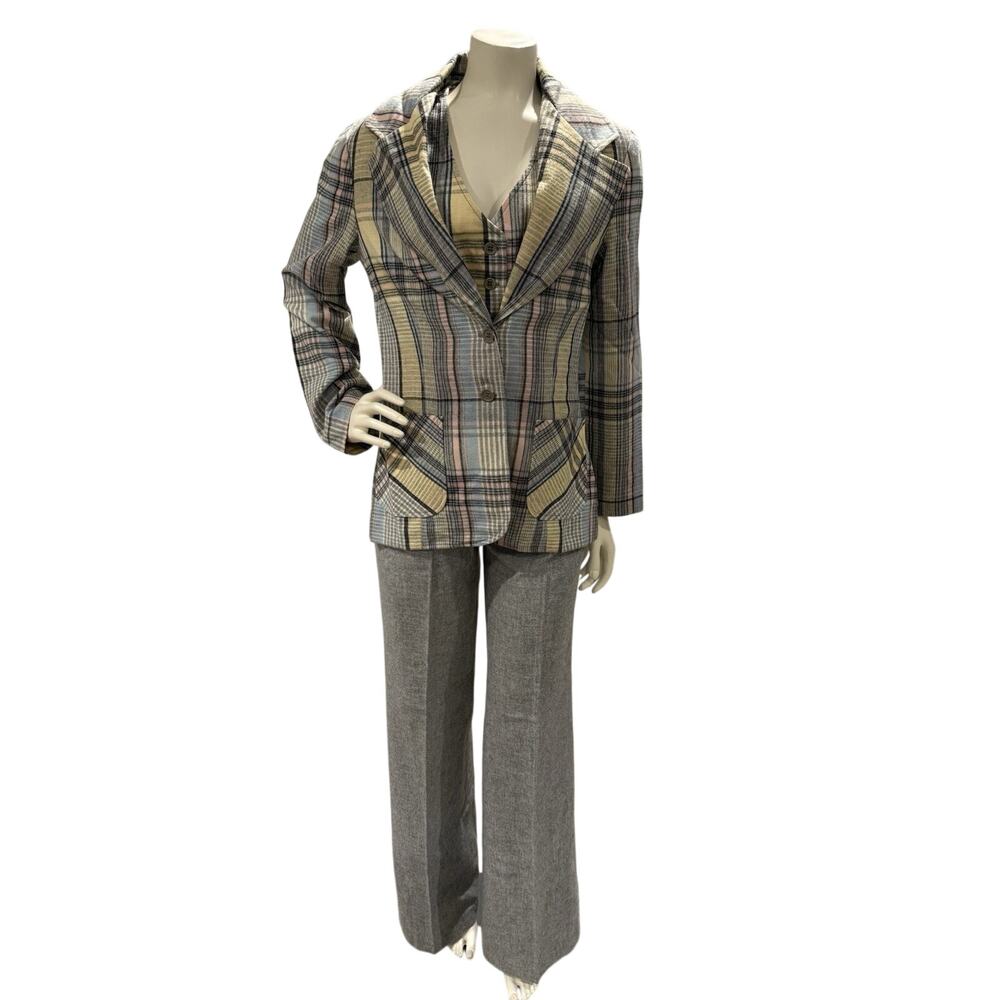 Vintage 1970s 3 Piece Leisure Suit Womens Knit Gray Yellow Plaid Union Tag Sz S?